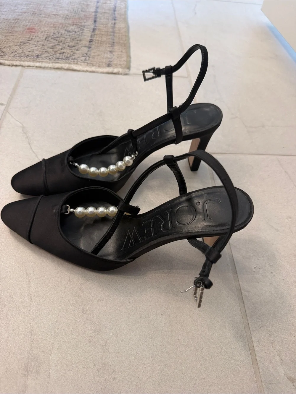 J crew Jules pearl t strap satin heels made in Spain